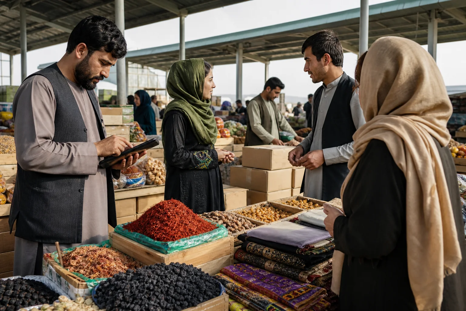Representative editorial image of Afghan entrepreneurs and customers in a produce and handicrafts market